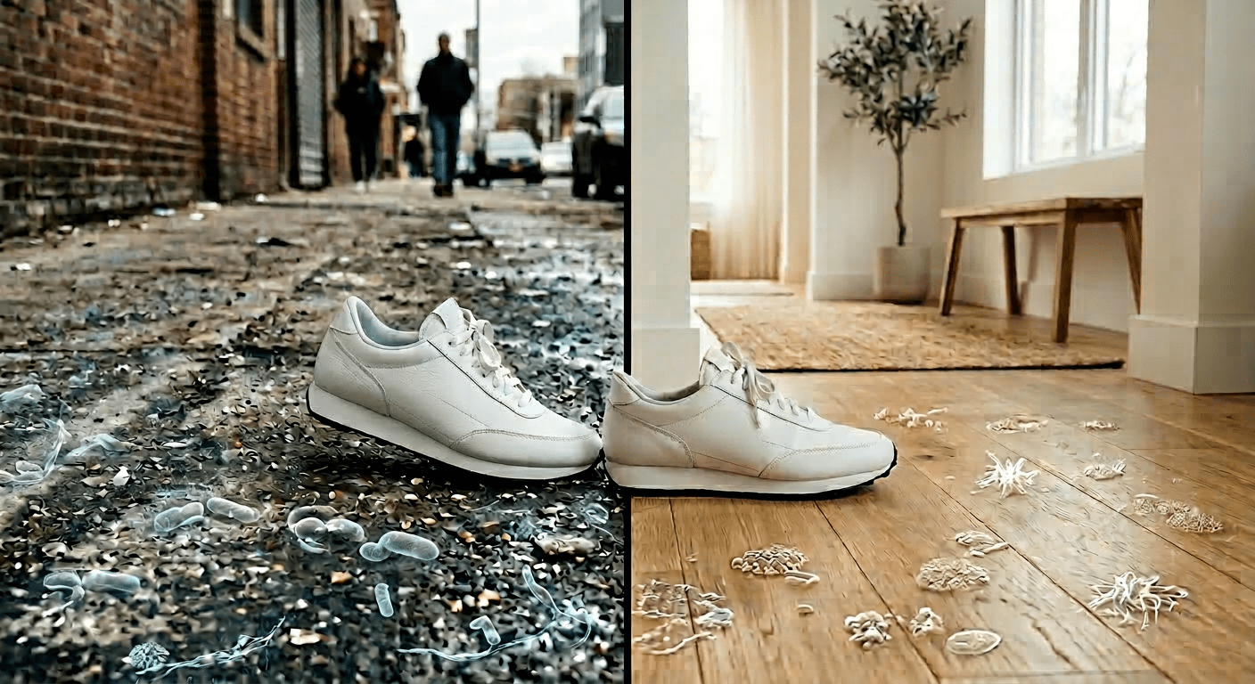 shoe stepping from outdoor pavement into a clean home floor carrying bacteria and contaminants