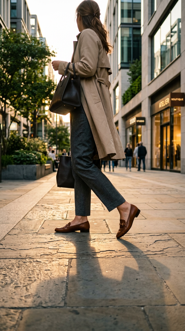 Woman walking through a modern city street wearing leather shoes during her daily commute.