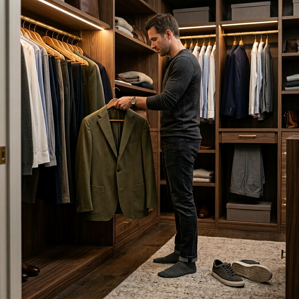 Man hanging a jacket in a modern closet while everyday sneakers sit on the floor after being worn.
