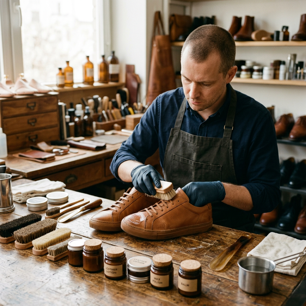 Professional shoe cleaner brushing leather sneakers on a workbench in a specialized shoe care workshop.
