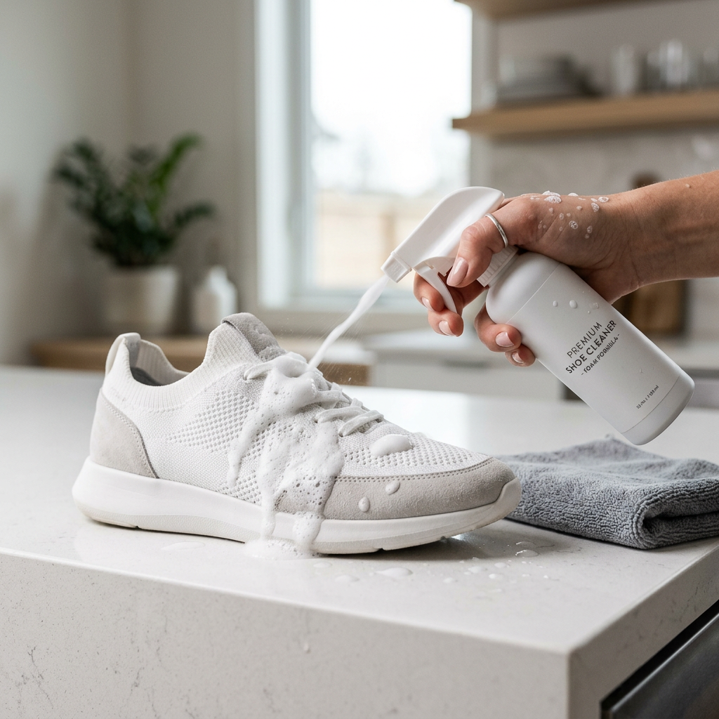 Hand applying cleaning spray to a white sneaker during spot cleaning on a countertop.