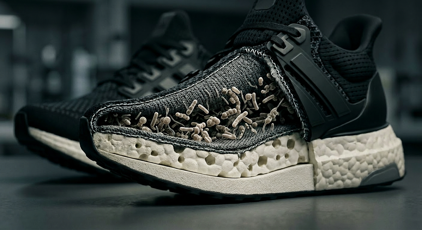 layers of fabric foam and stitching inside a shoe where bacteria can accumulate