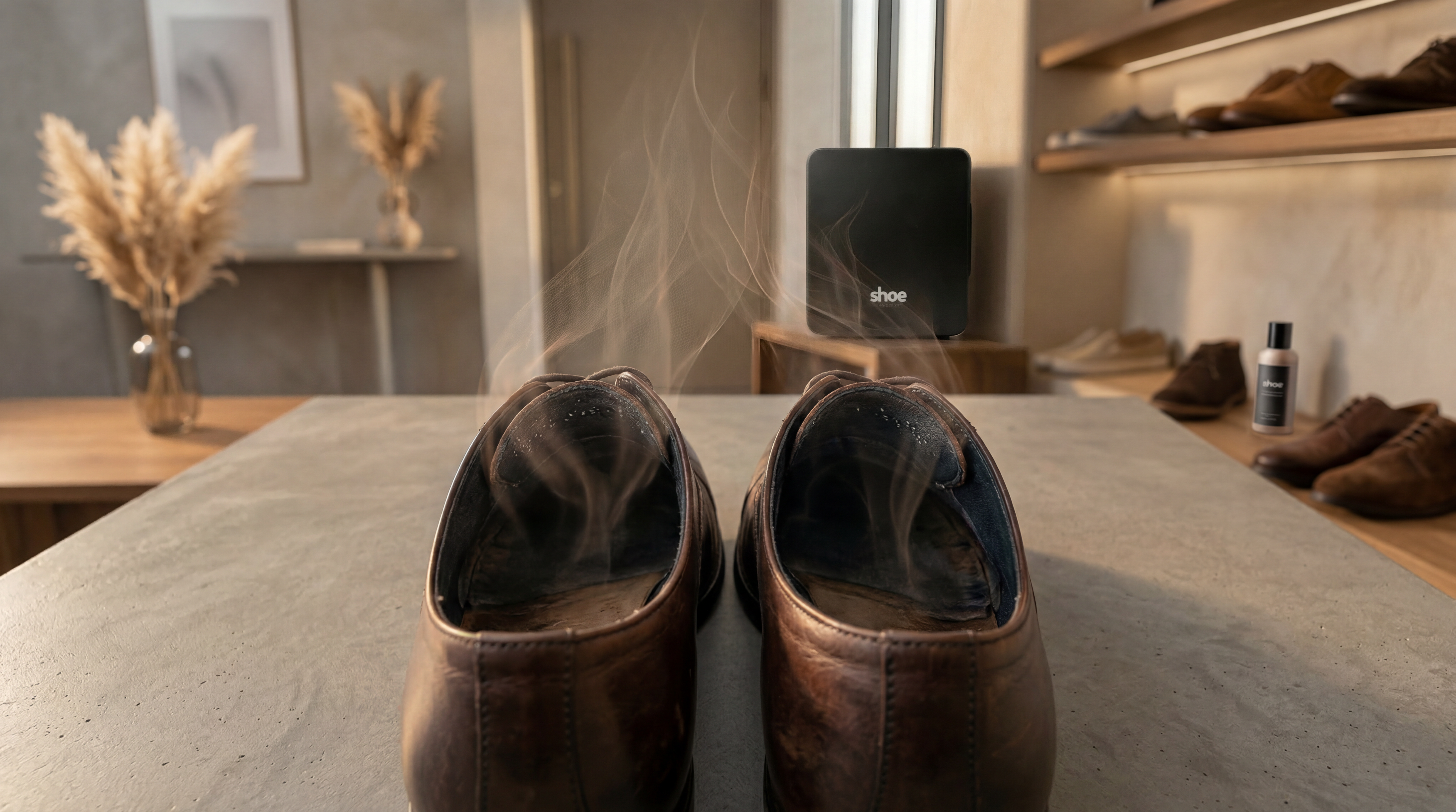 Leather shoes releasing heat and moisture after wear, illustrating why footwear should be refreshed between uses.