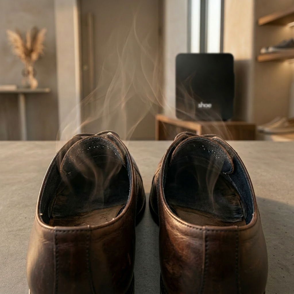 Leather shoes releasing heat and moisture after wear, illustrating why footwear should be refreshed between uses.