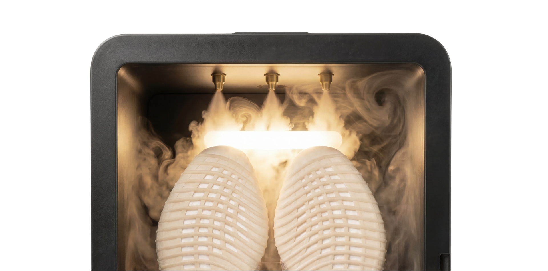 shoe steamer sanitizing a pair of white shoes with steam