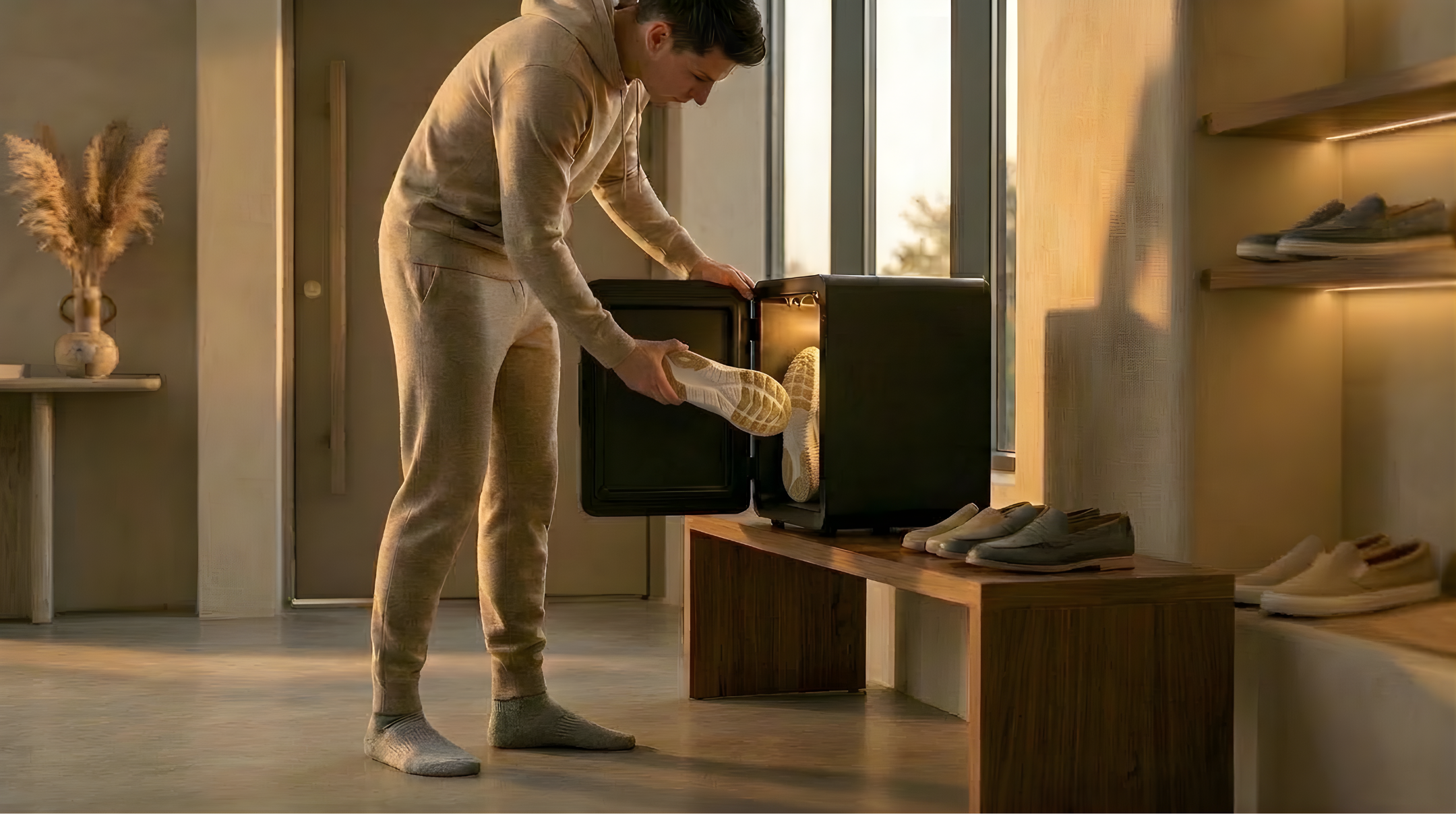 Person placing shoes into the Shoe Steamer at home as part of a daily footwear care ritual.