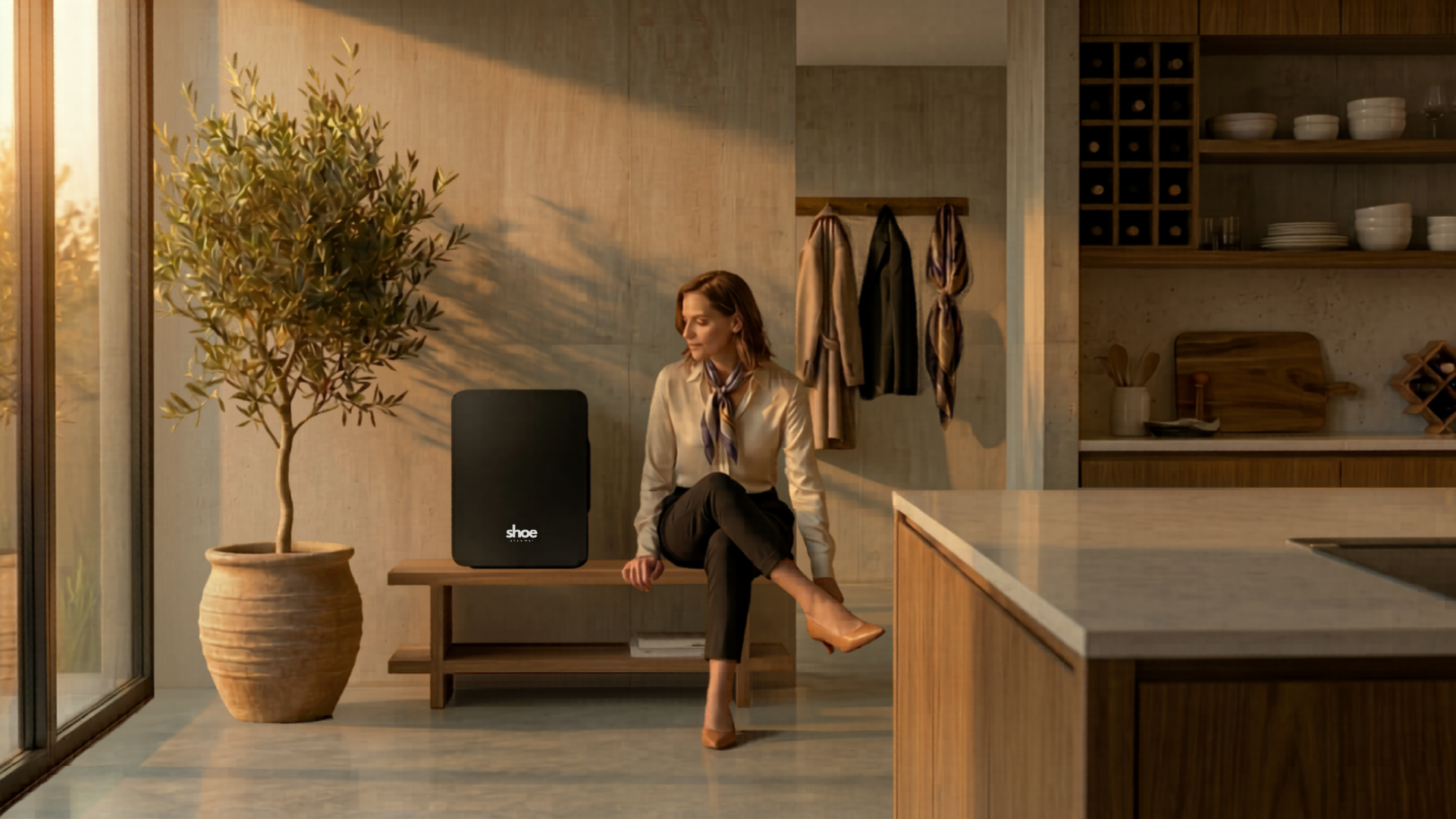 Woman sitting on a bench in a modern home entryway at the end of the day with the Shoe Steamer nearby.
