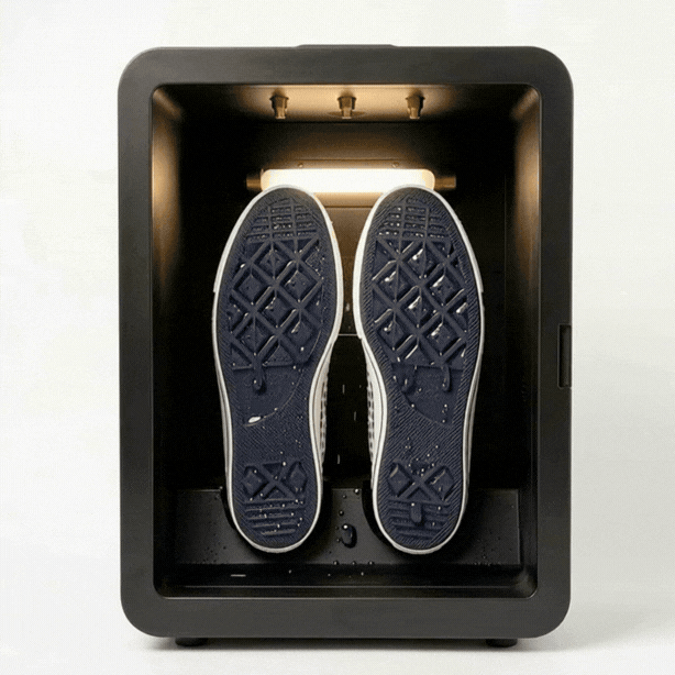 Shoe Steamer dry cycle using controlled airflow to remove moisture from footwear after rain or cleaning