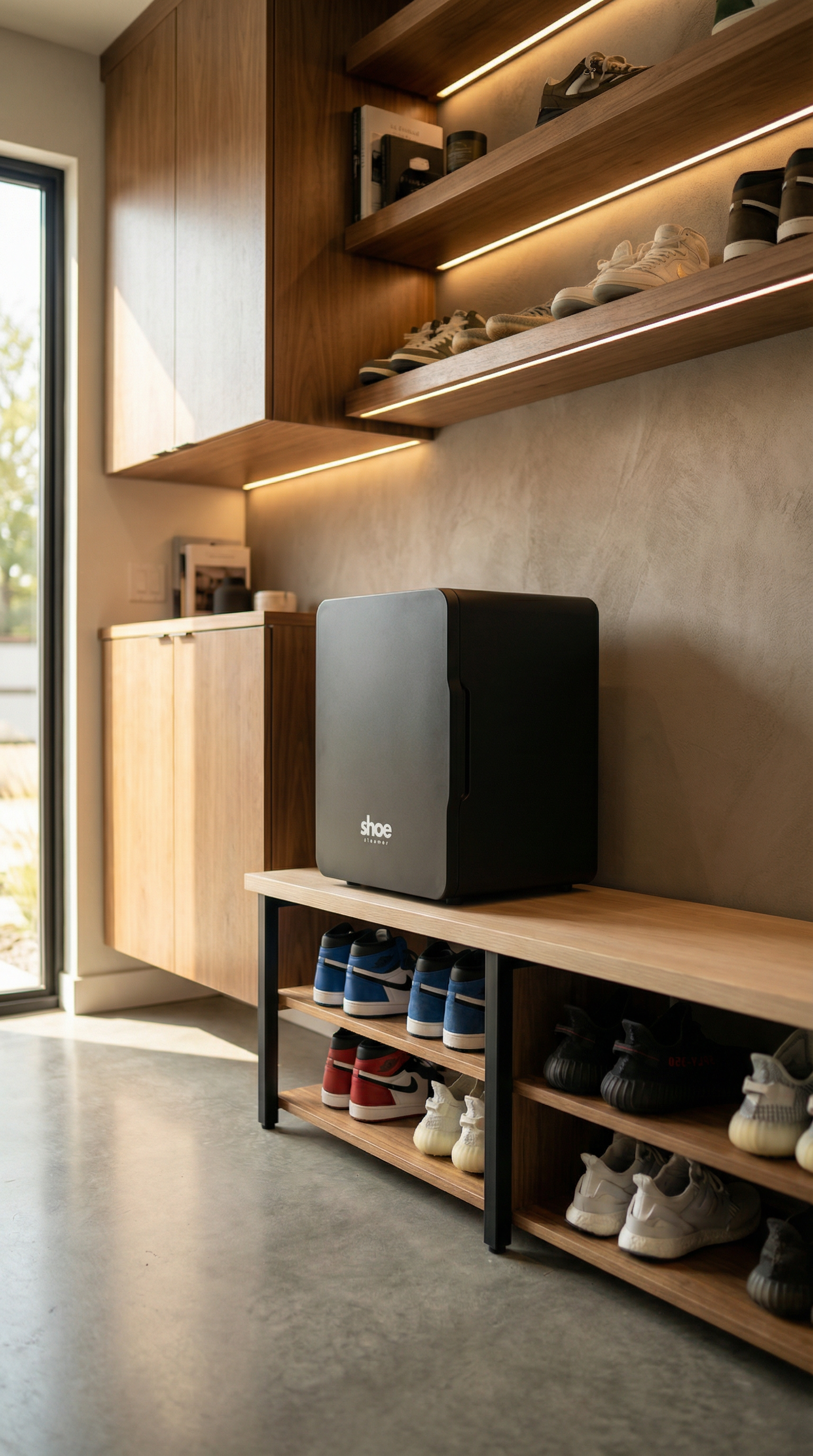 Shoe Steamer appliance placed in a modern entryway with shoe storage shelves
