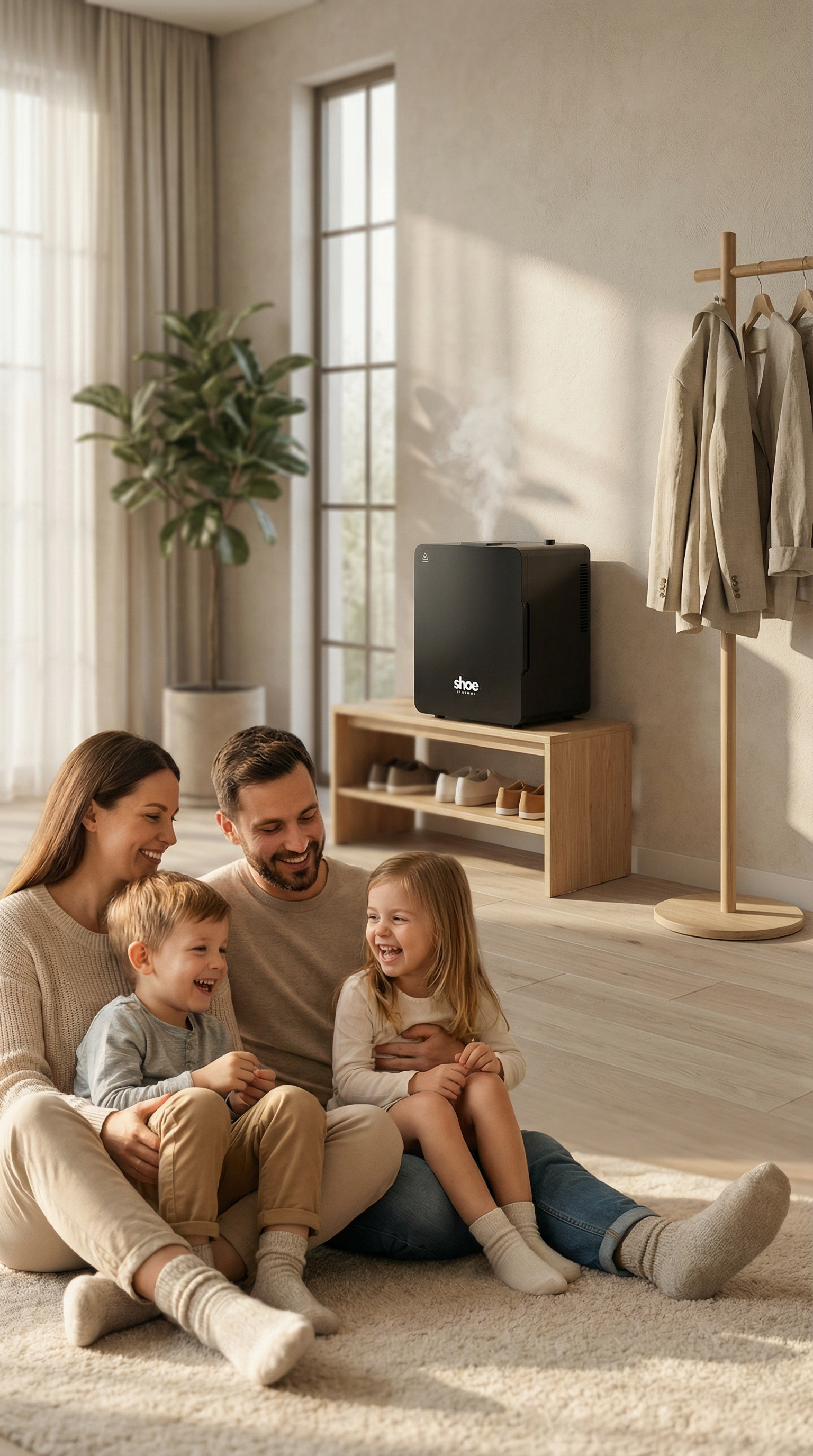 Family relaxing in a clean home with Shoe Steamer sanitizing footwear near the entryway
