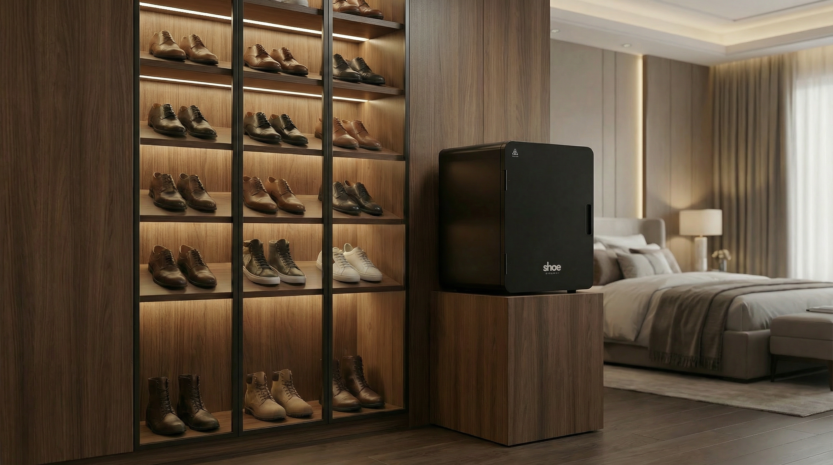Luxury shoe closet with Shoe Steamer appliance used to sanitize and refresh footwear