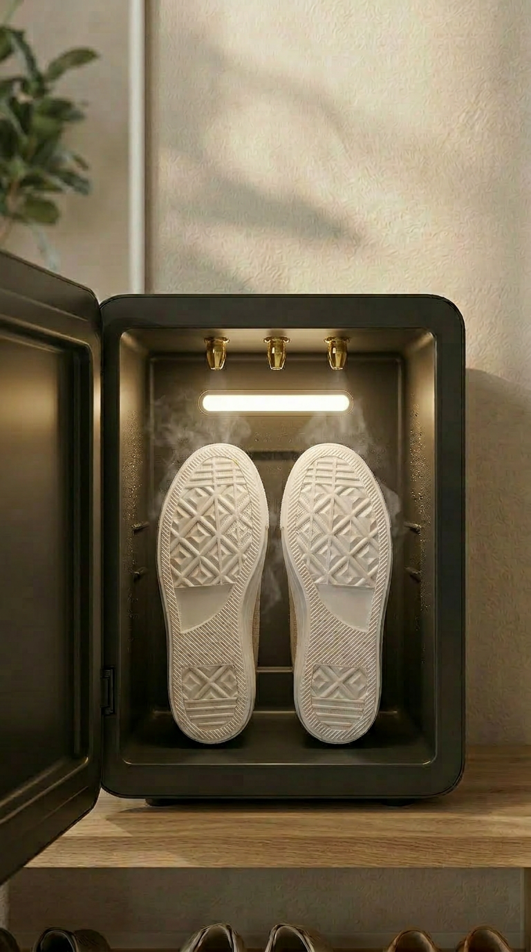 Shoe Steamer sanitizing sneakers with steam inside the appliance to reduce bacteria and odor before bringing shoes into the home