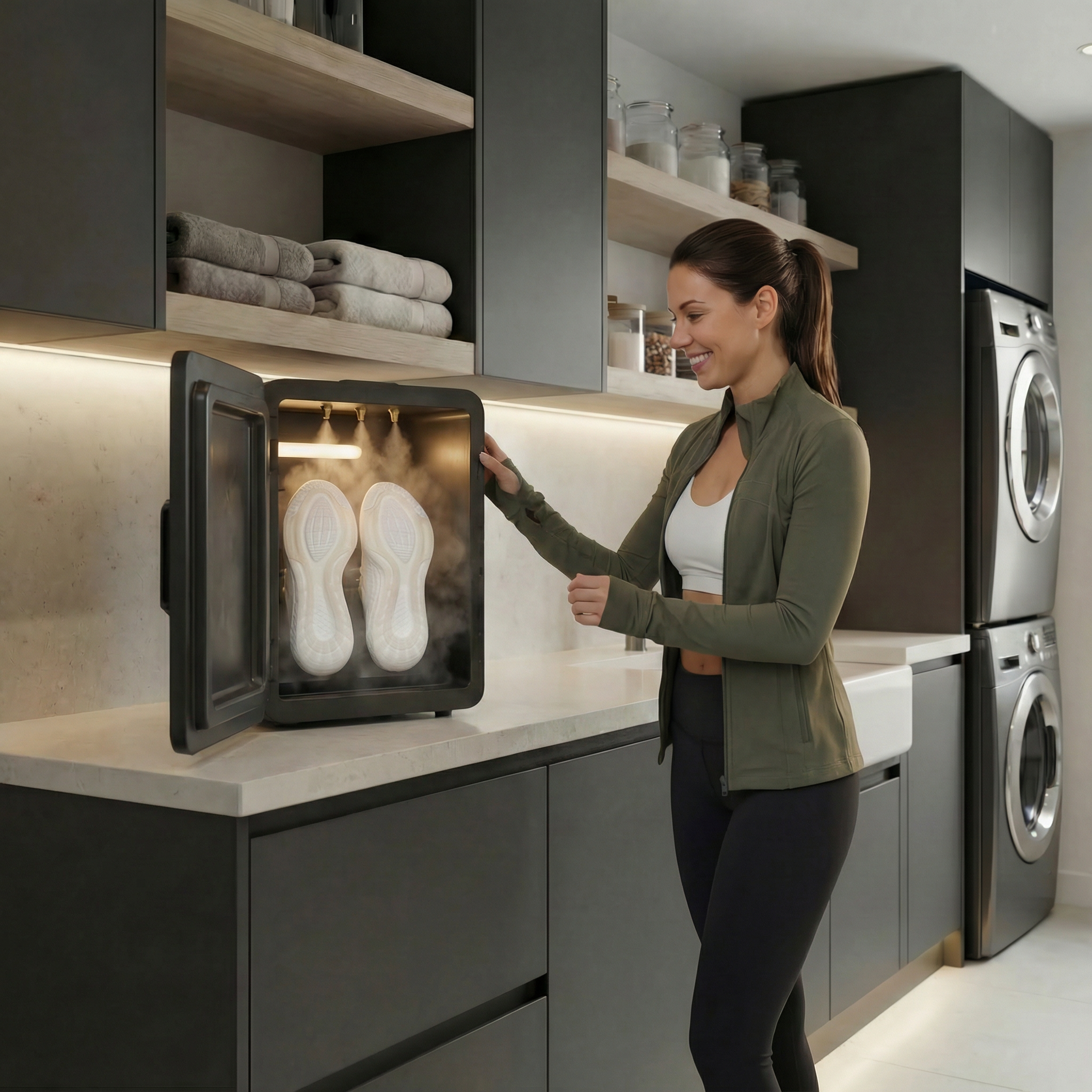 Shoe Steamer sanitizing sneakers with steam in a modern laundry room