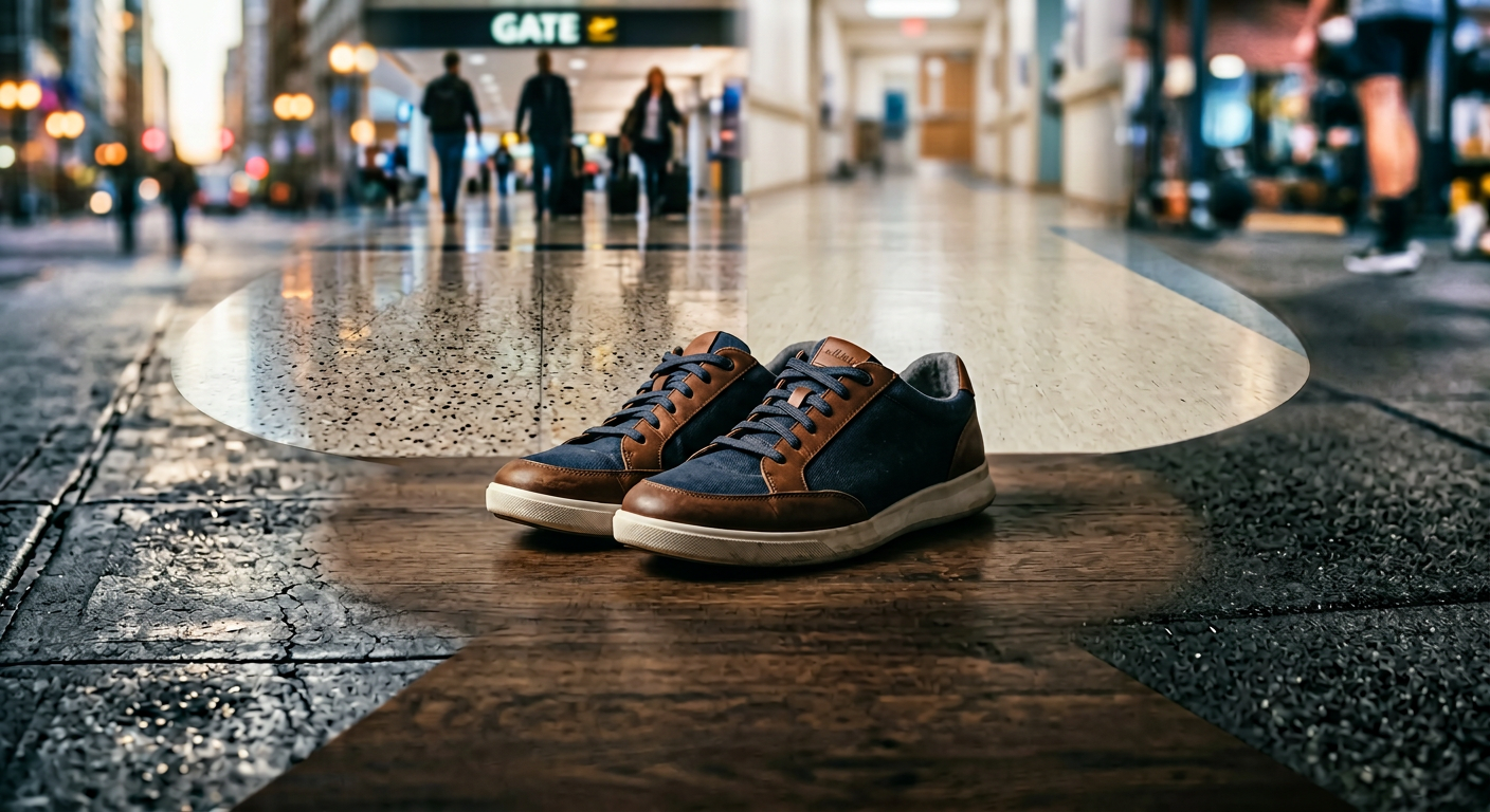 Pair of everyday shoes placed across multiple surfaces representing daily environments including city streets, airport terminals, hospitals, and gyms.