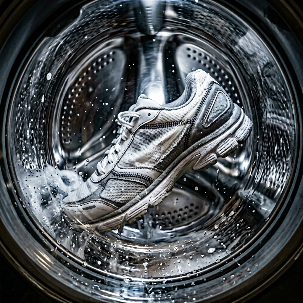 Sneaker inside a washing machine drum during a wash cycle showing how footwear can be exposed to water saturation and agitation.