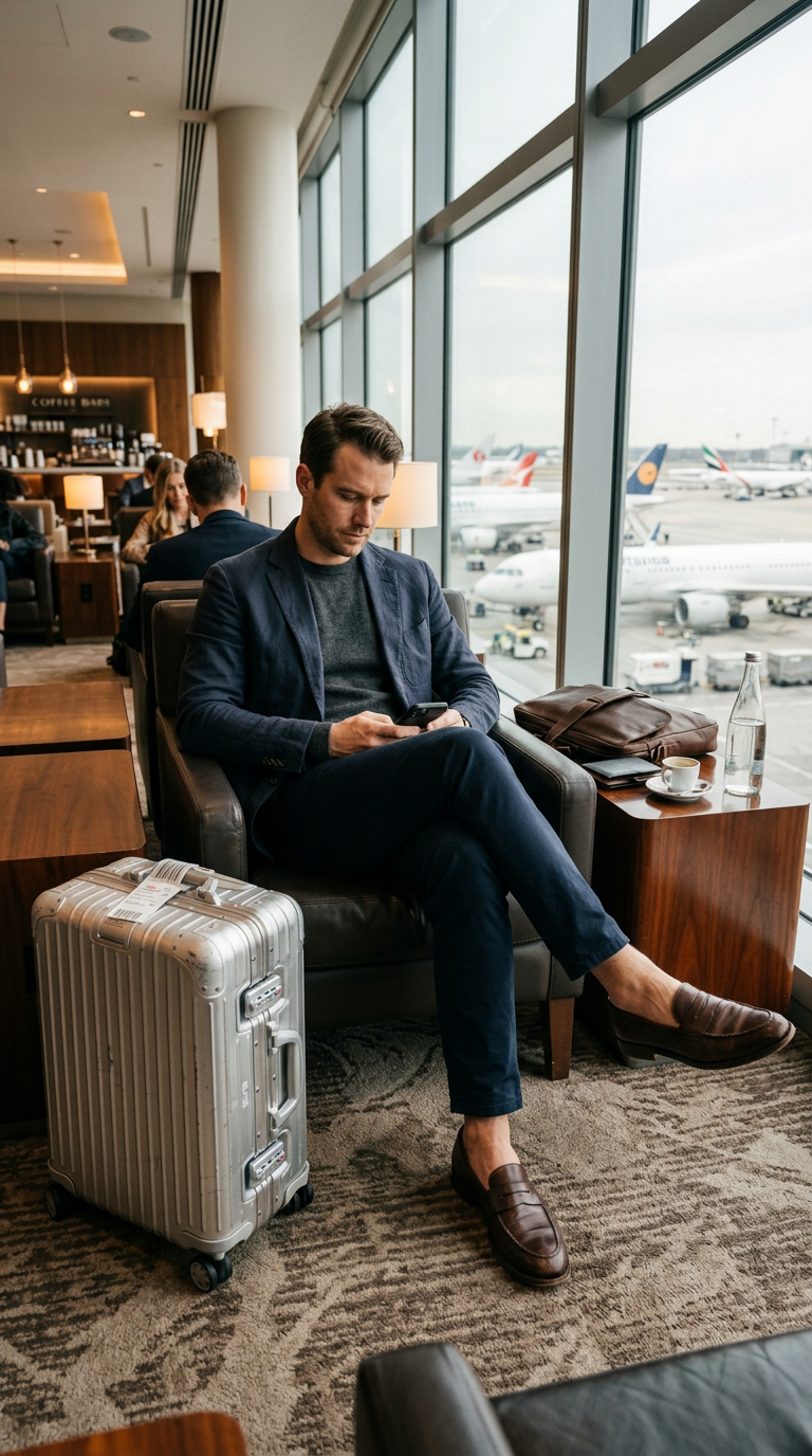 Man sitting in an airport lounge with luggage, showing shoes worn during travel.