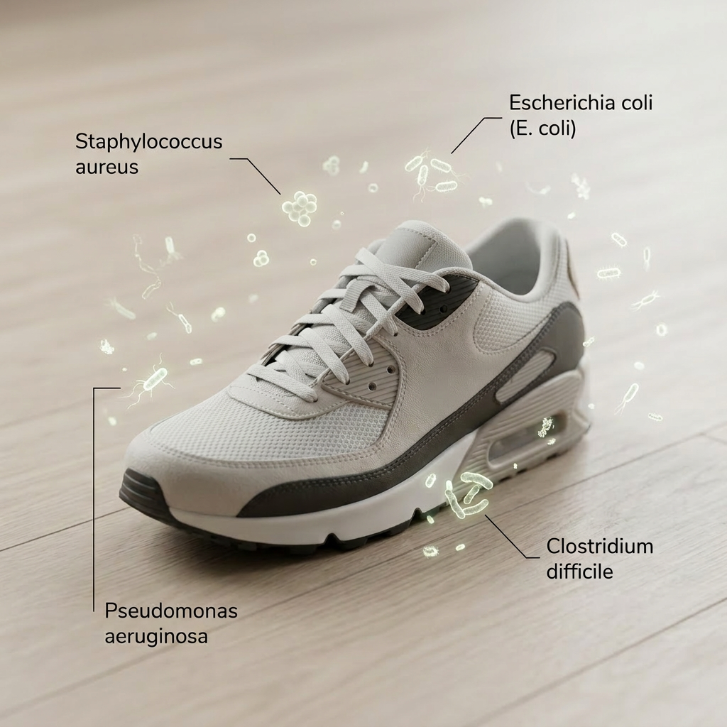 Illustration showing common bacteria found on shoes including Staphylococcus aureus, E. coli, Pseudomonas aeruginosa, and Clostridium difficile around a sneaker.