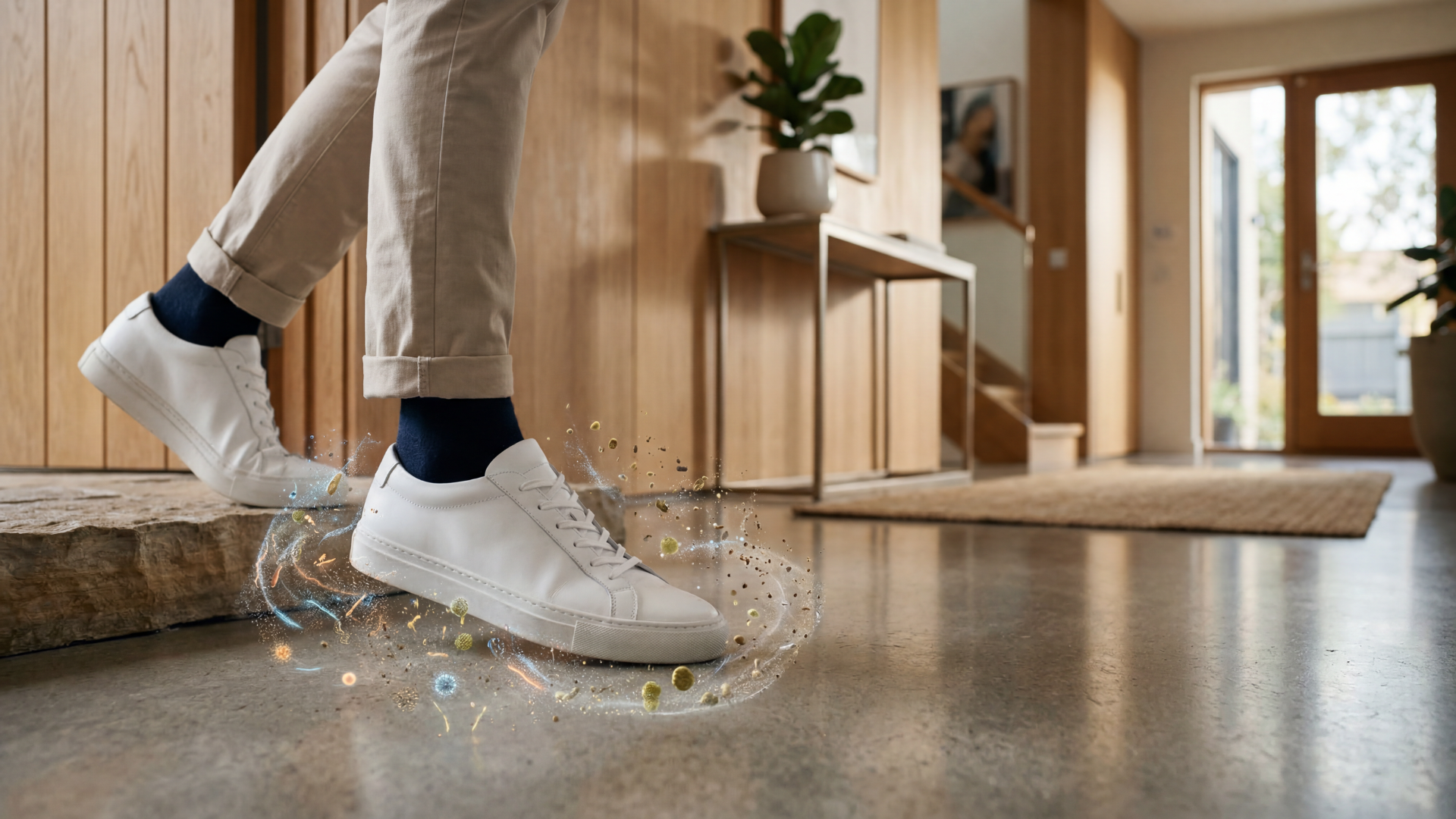 Person walking into home with clean white sneakers as microscopic dirt and bacteria transfer from shoes to indoor floor