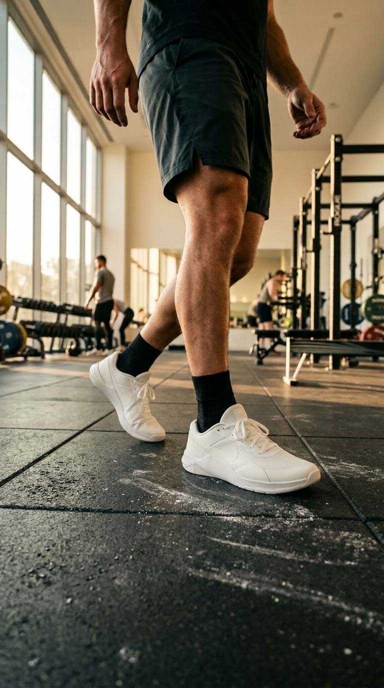 Athletic shoes stepping across a gym floor after a workout session.