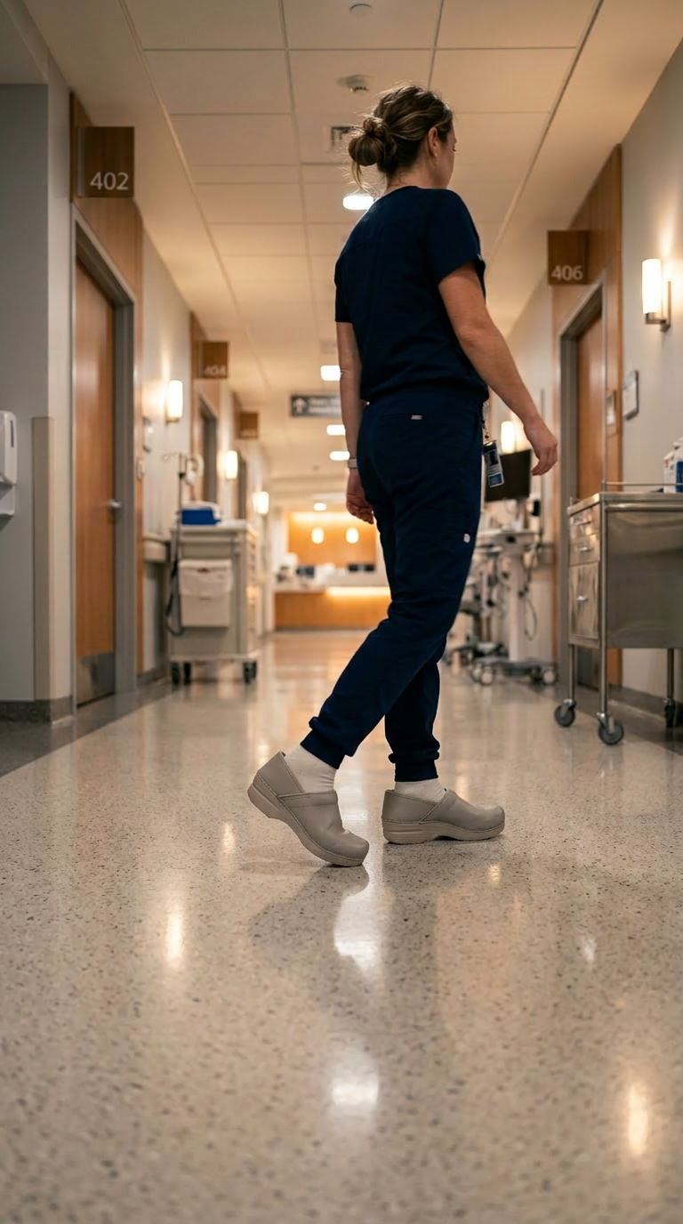 Healthcare worker walking through a hospital corridor wearing professional work shoes.