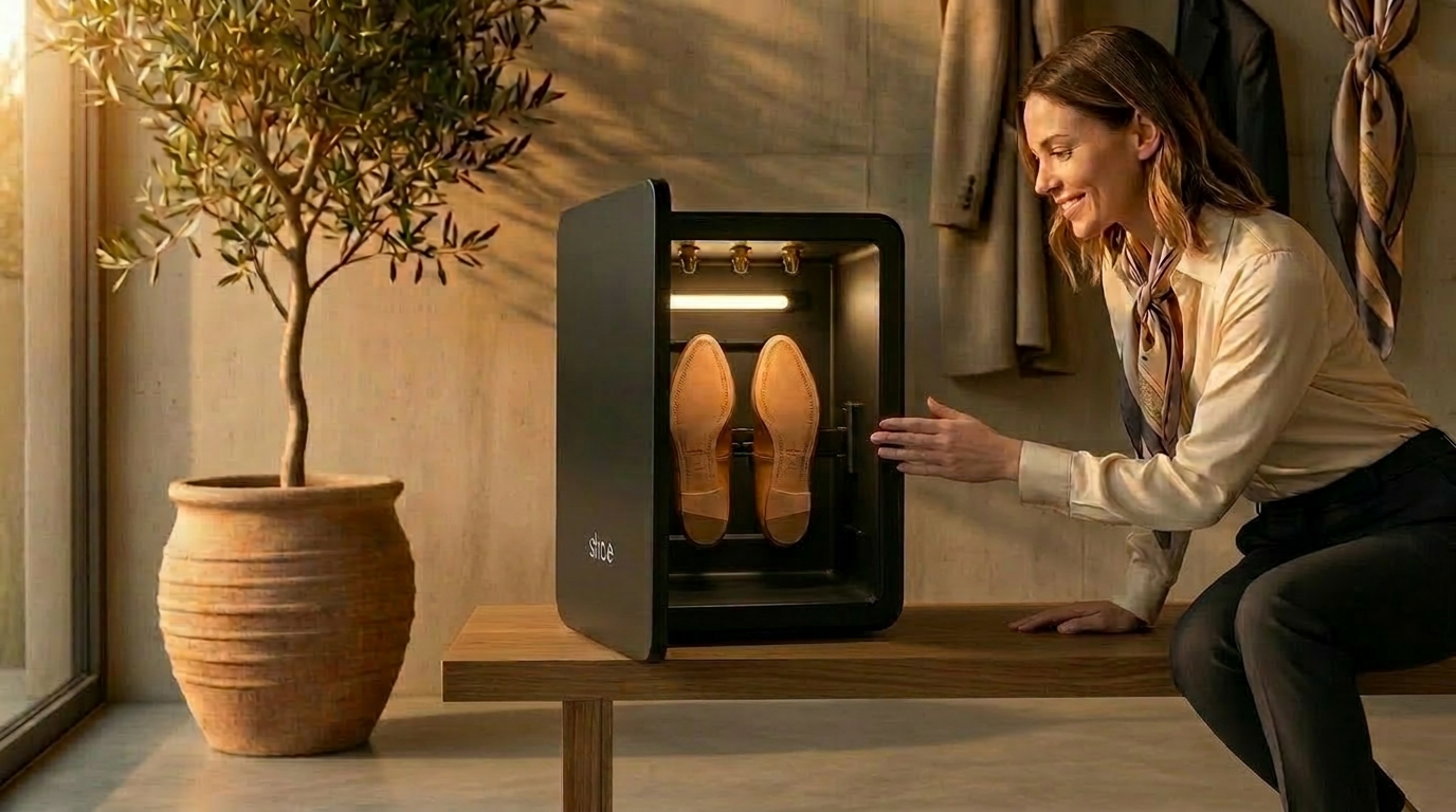 Woman placing leather shoes inside the Shoe Steamer as part of a daily footwear care routine.