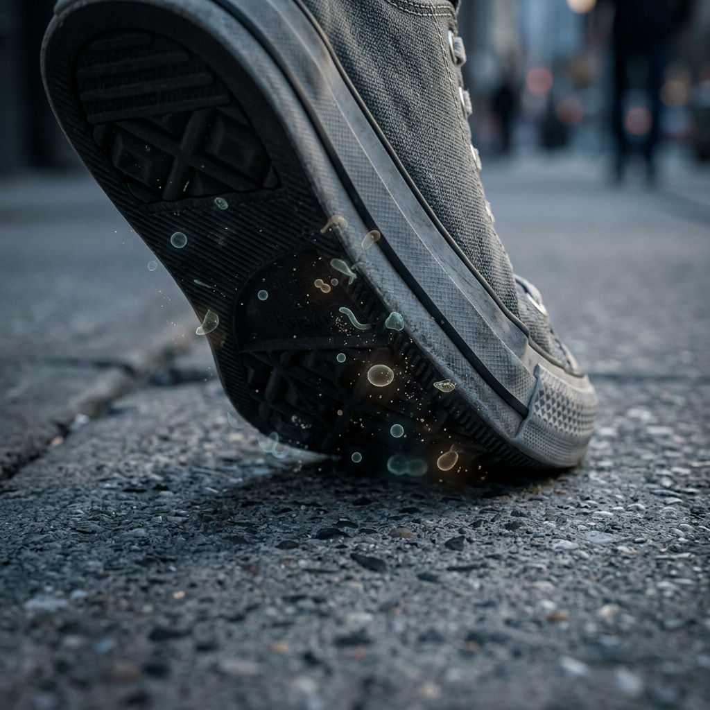 Close-up of a shoe sole stepping on a city street surface with microscopic bacteria and environmental particles attaching to the bottom of the shoe.