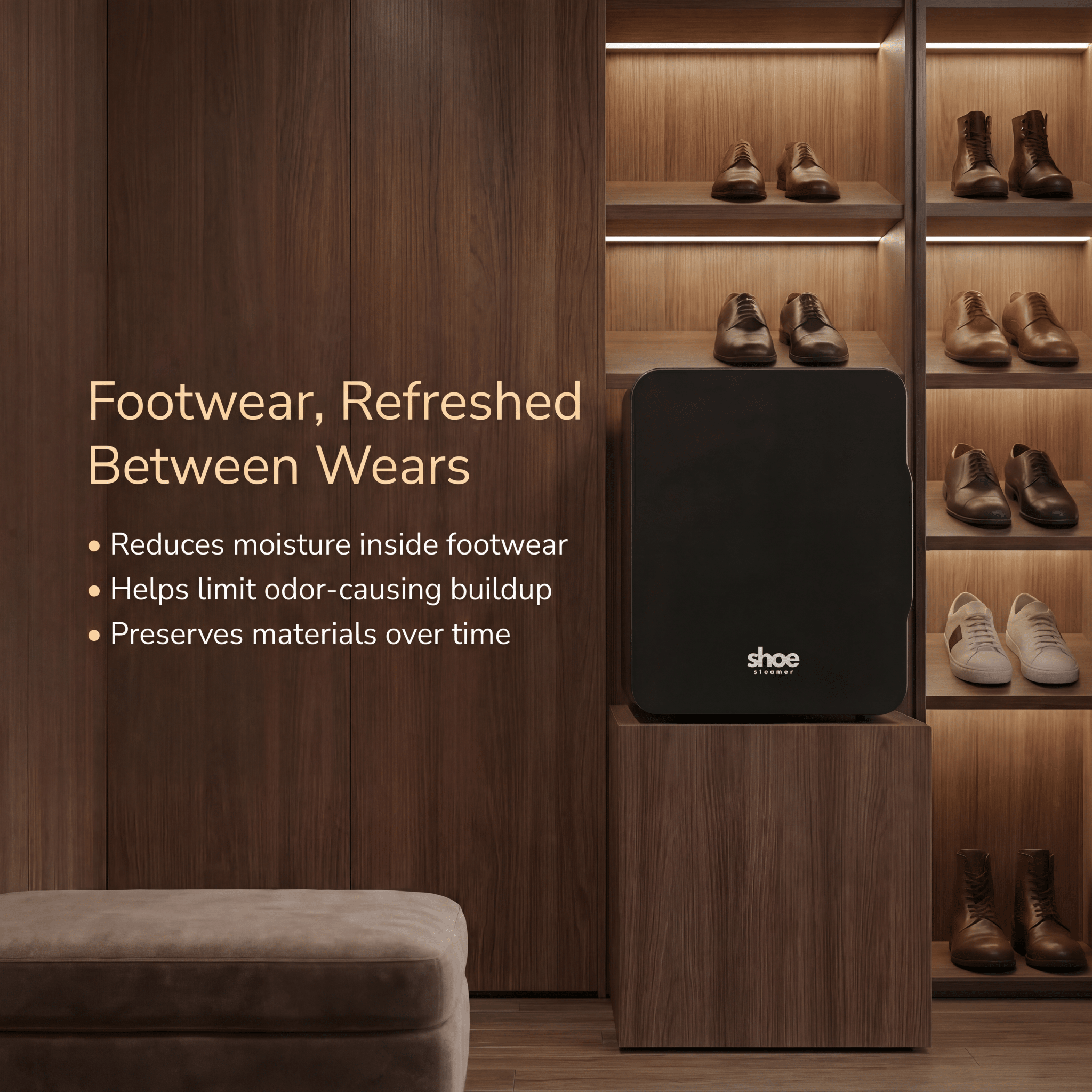Shoe Steamer unit in high-end wooden closet, designed for refreshing footwear between wears and preserving materials