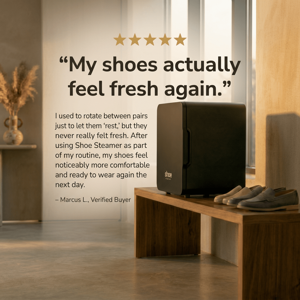 Shoe steamer on a wooden bench with customer testimonial text in a home setting.