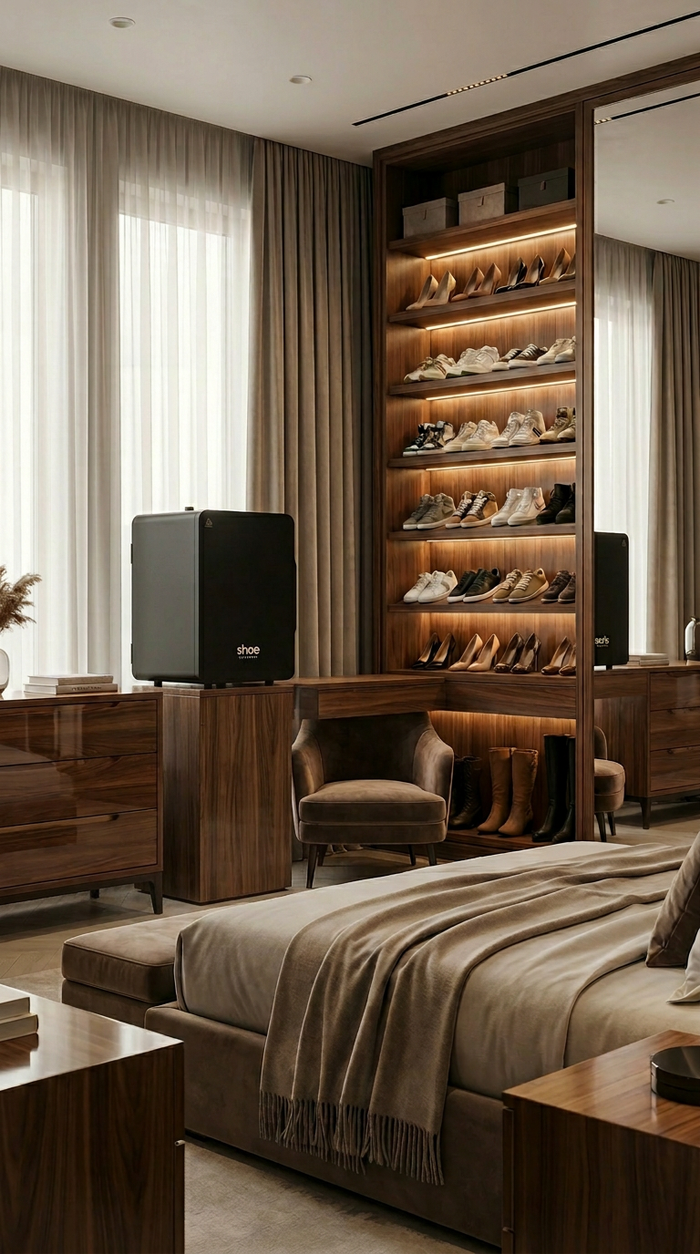 Shoe Steamer appliance placed in a luxury bedroom closet with illuminated shoe shelves
