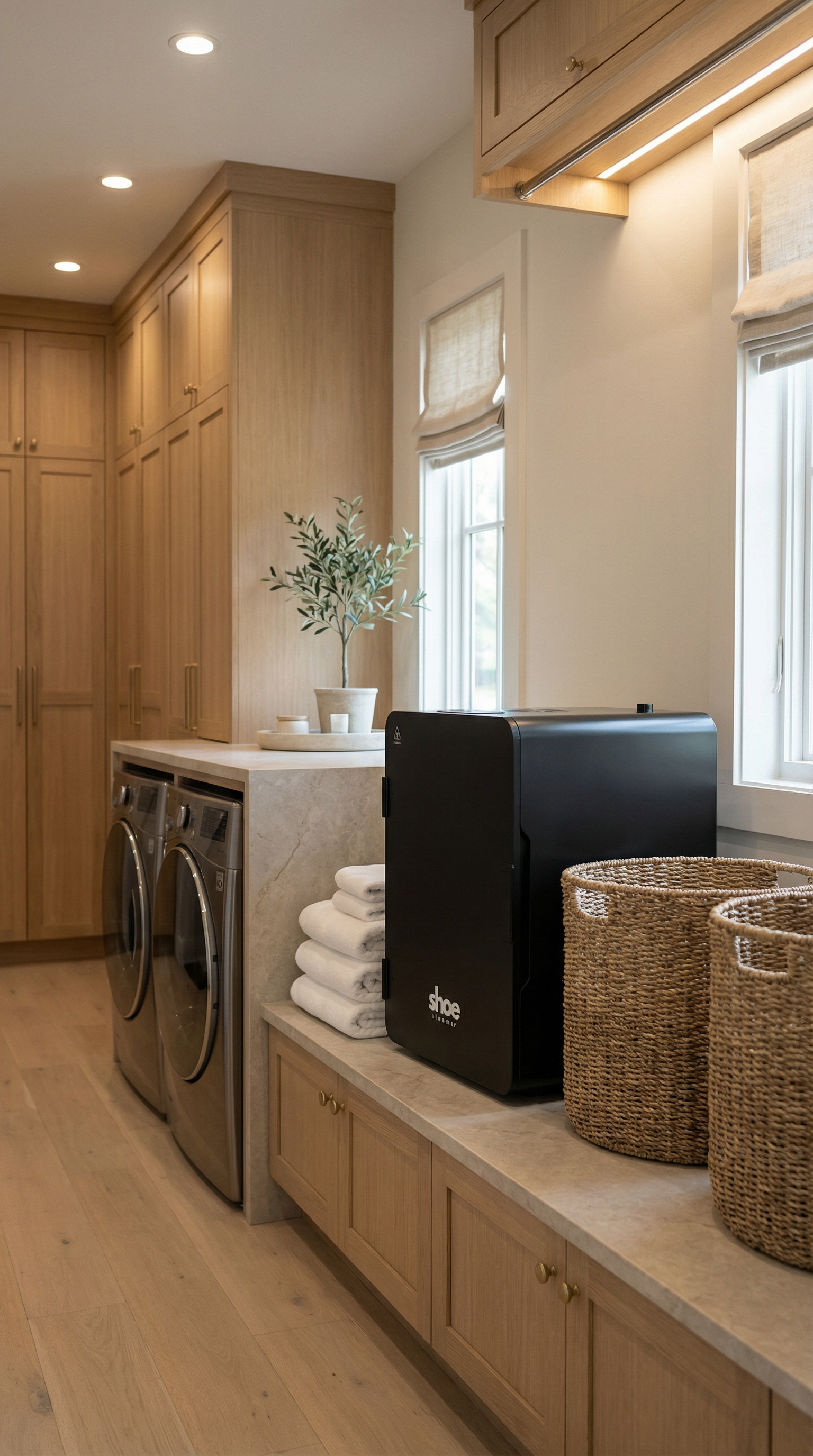 Shoe Steamer appliance placed in a luxury laundry room beside washer and dryer
