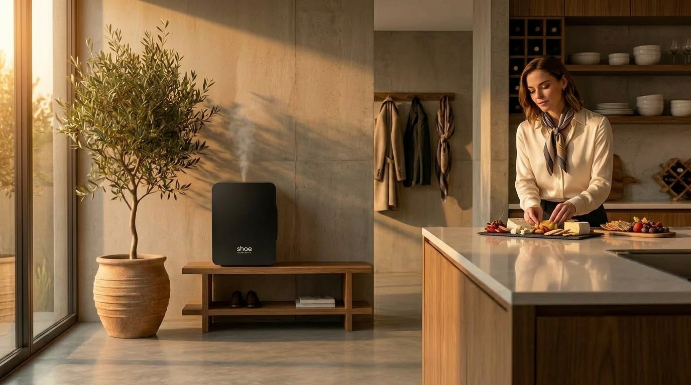 Shoe Steamer quietly running in a modern home while a woman prepares food in the kitchen.