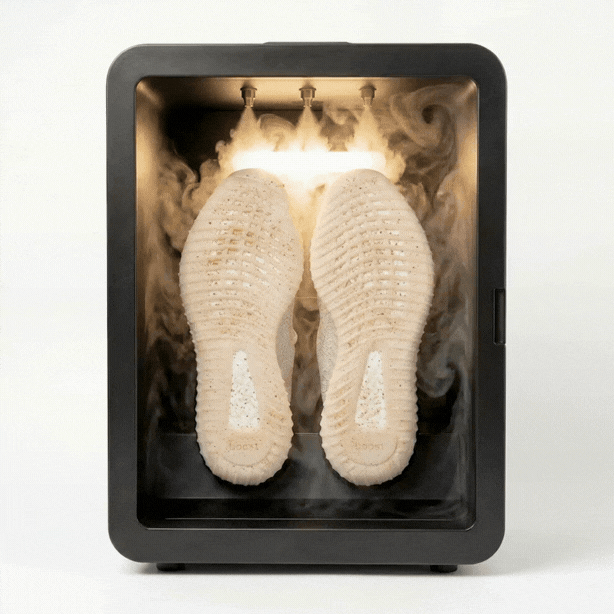 Shoe Steamer steam cycle using targeted steam to refresh materials and address light surface buildup on footwear