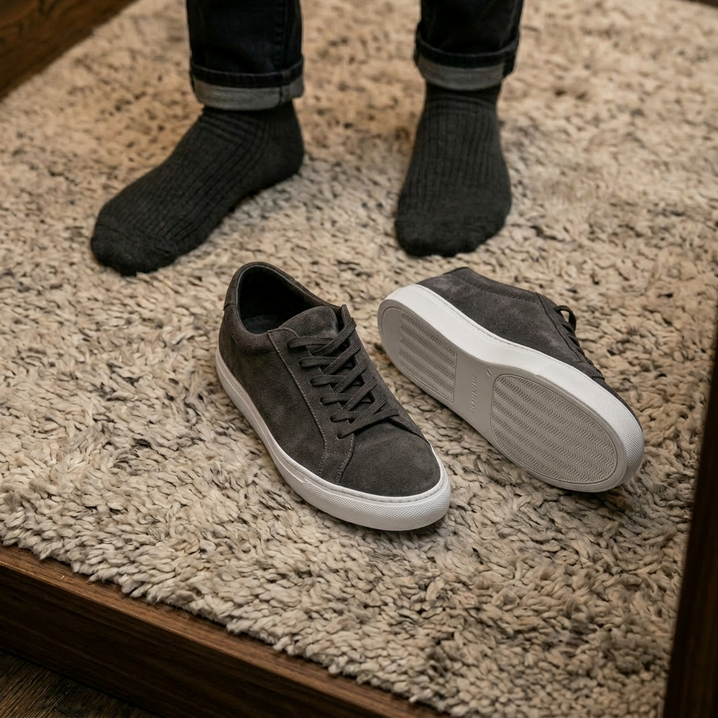 Man hanging a jacket in a modern closet while everyday sneakers sit on the floor after being worn.